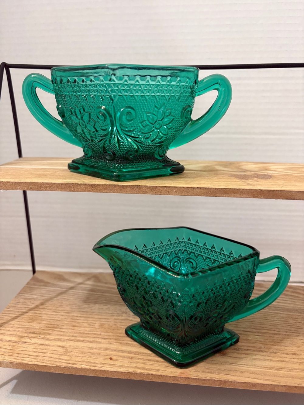 Vintage Indiana Emerald Green sandwich Pattern Glass Creamer and Sugar Set
